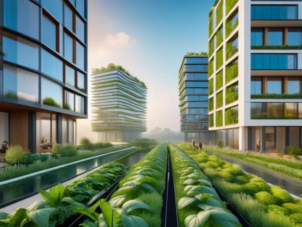 Rascacielos sostenible en ciudad verde: visión futurista Un rascacielos sostenible rodeado de naturaleza, personas realizando actividades ecofriendly, impacto ambiental desarrollos inmobiliarios