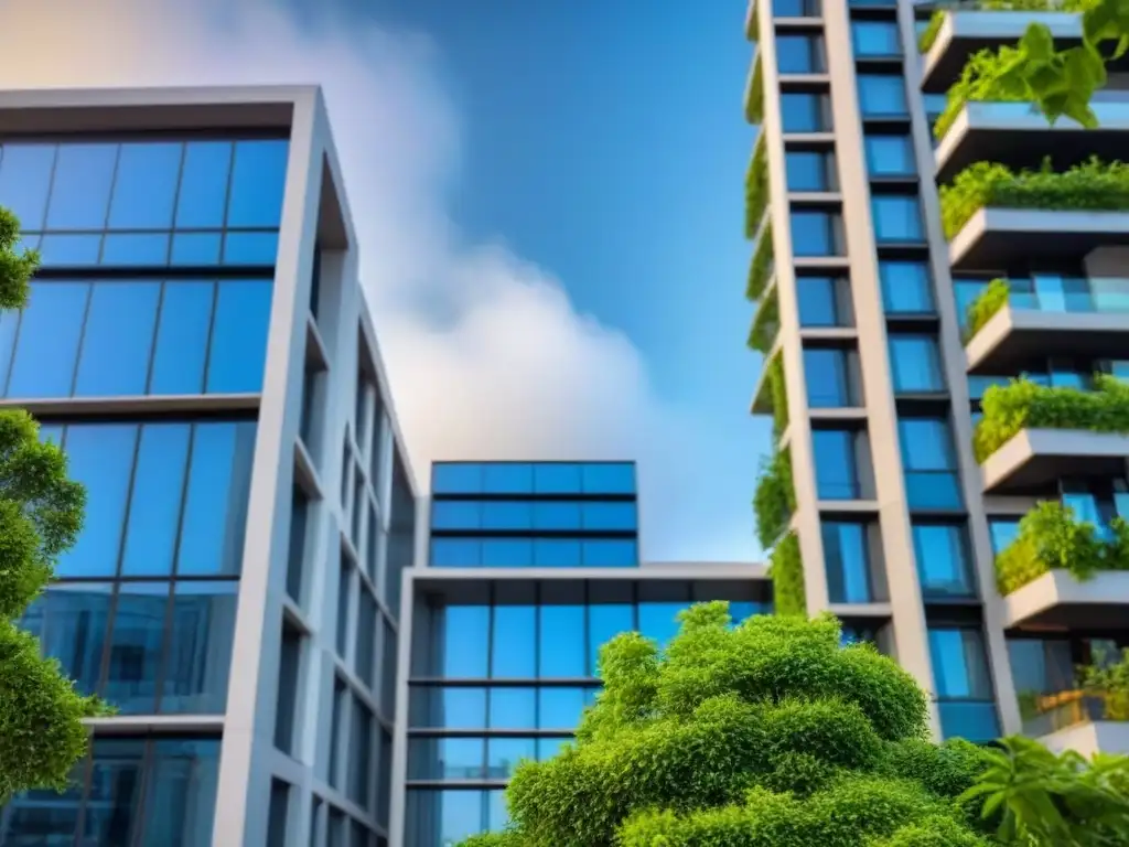 Edificio sostenible de diseño moderno rodeado de naturaleza exuberante Un rascacielos sostenible rodeado de vegetación, paneles solares y ventanales, representando proyectos inmobiliarios internacionales sostenibles