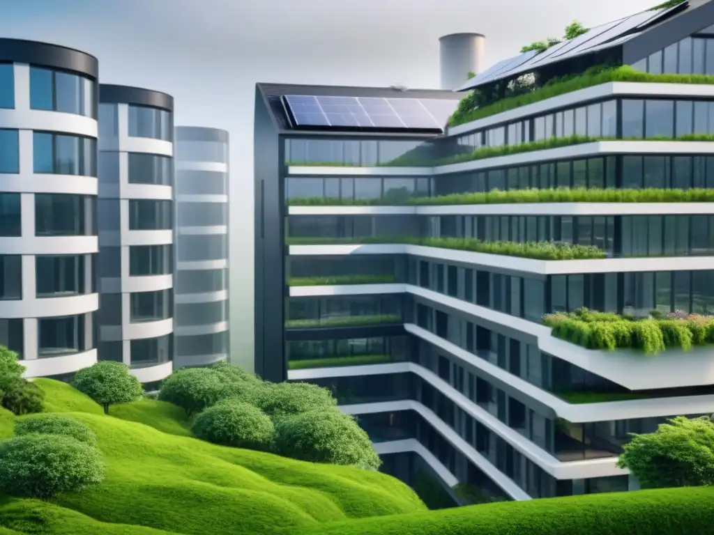 Rascacielos sostenible: innovación verde y sofisticación urbana Un rascacielos sostenible rodeado de vegetación, paneles solares, turbinas eólicas y sistema de recolección de agua