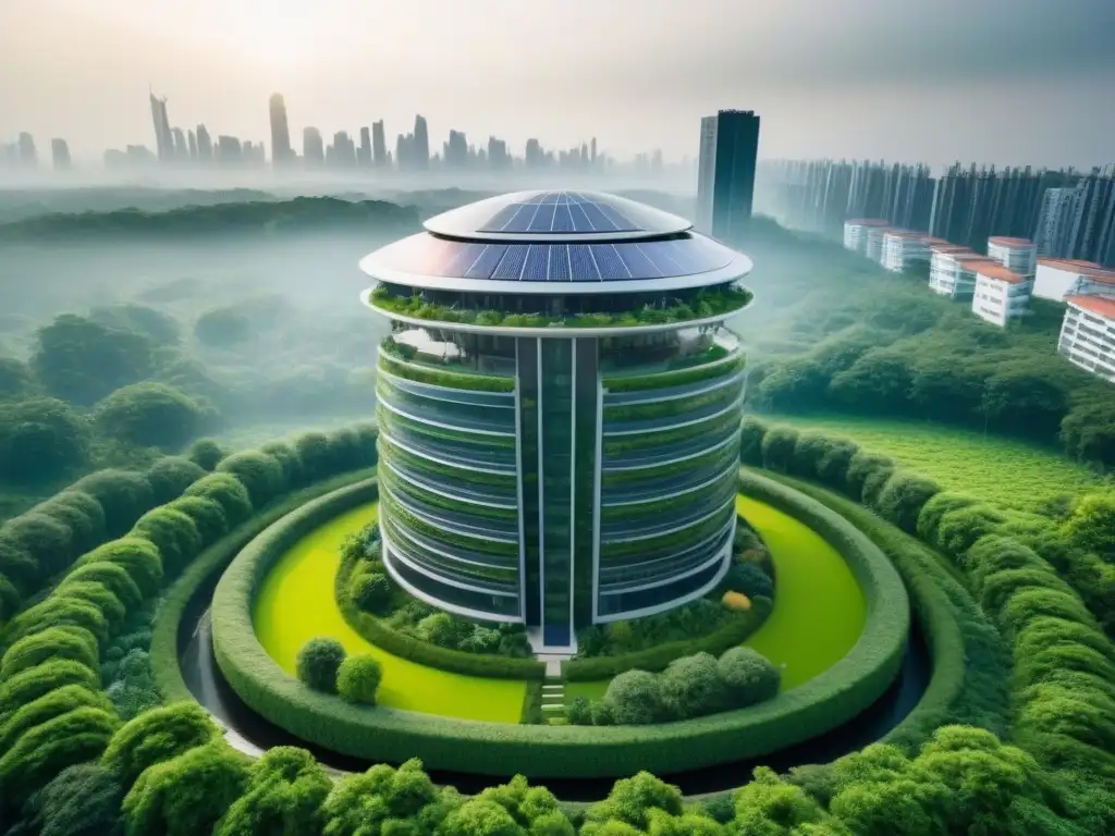Edificio sostenible: innovación en armonía con la naturaleza Un rascacielos sostenible rodeado de vegetación, con paneles solares y jardín en la azotea