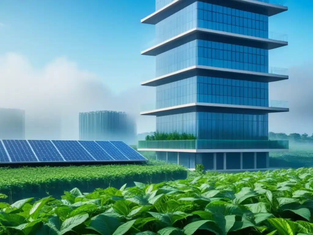 Rascacielos sostenible: arquitectura futurista y verde Un rascacielos sostenible rodeado de vegetación, con paneles solares y turbinas eólicas