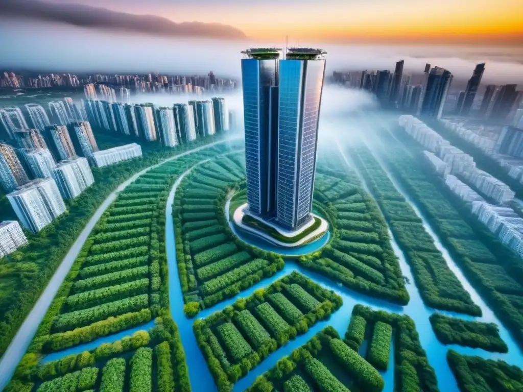 Rascacielos sostenible: diseño moderno y verde en la ciudad Un rascacielos sostenible rodeado de vegetación y paneles solares, destacando prácticas de inversión sostenible inmobiliaria