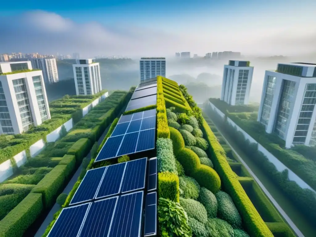 Rascacielos sostenible: arquitectura innovadora entre la naturaleza Un rascacielos sustentable rodeado de vegetación, con paneles solares en el techo