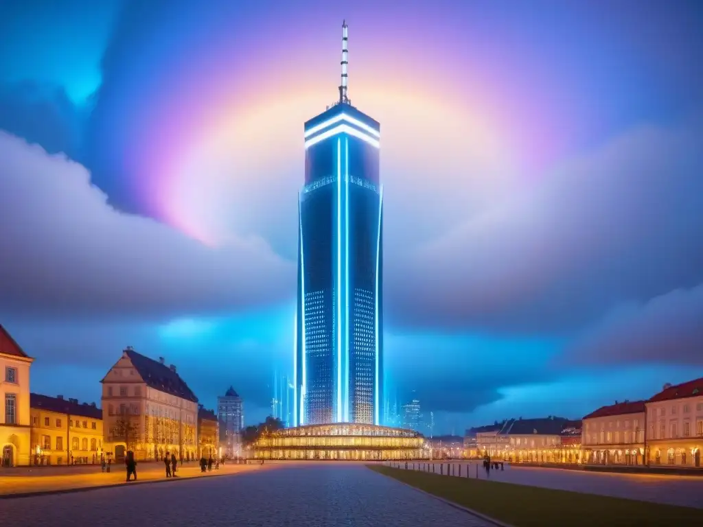 Rascacielos digital innovador: propiedad en Estonia Un rascacielos transparente y luminoso rodeado de código digital, reflejando la innovación de Estonia en legislación inmobiliaria países pioneros