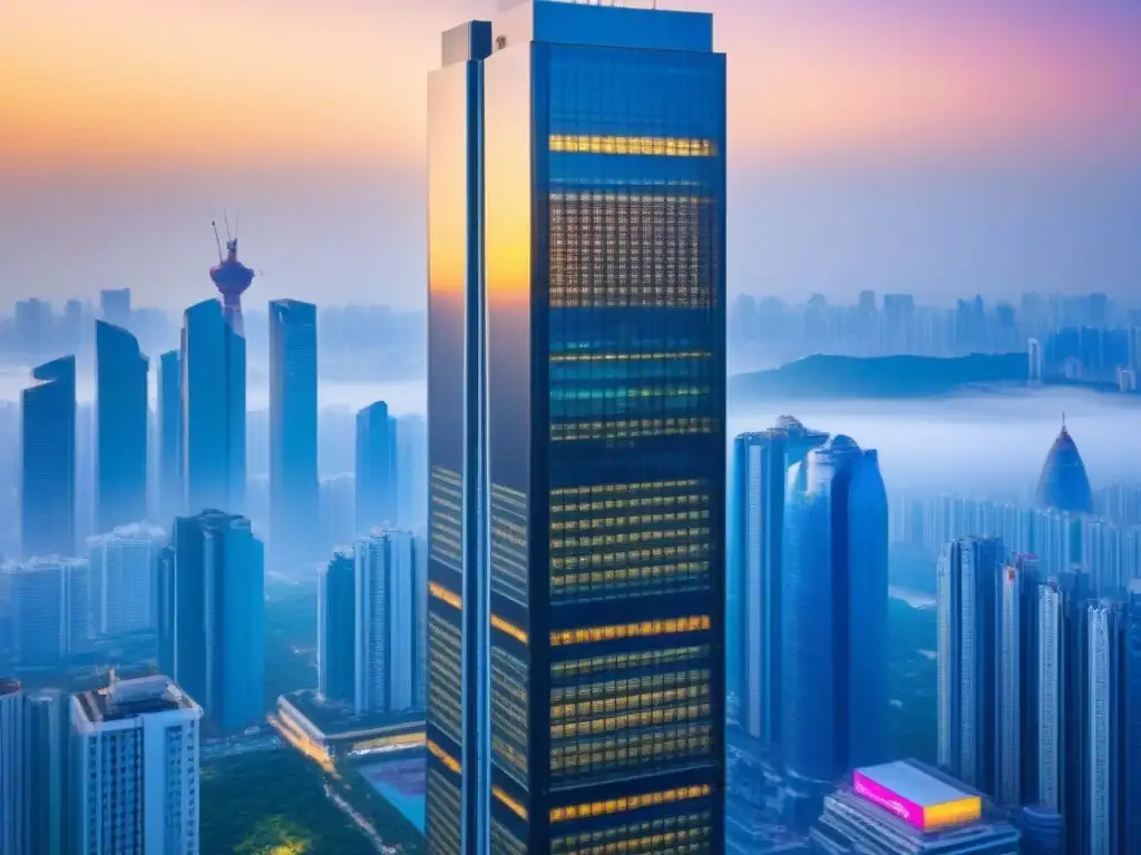 Rascacielos de lujo en ciudad asiática Un rascacielos ultramoderno en una ciudad asiática, reflejando el atardecer vibrante
