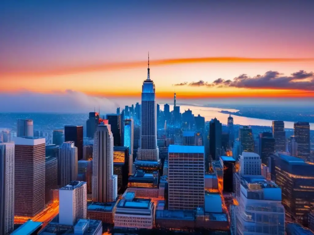 Espectacular rascacielos de vidrio en atardecer vibrante Un rascacielos de vidrio destaca en un atardecer vibrante en la ciudad, reflejando transparencia y ética en inversión inmobiliaria internacional