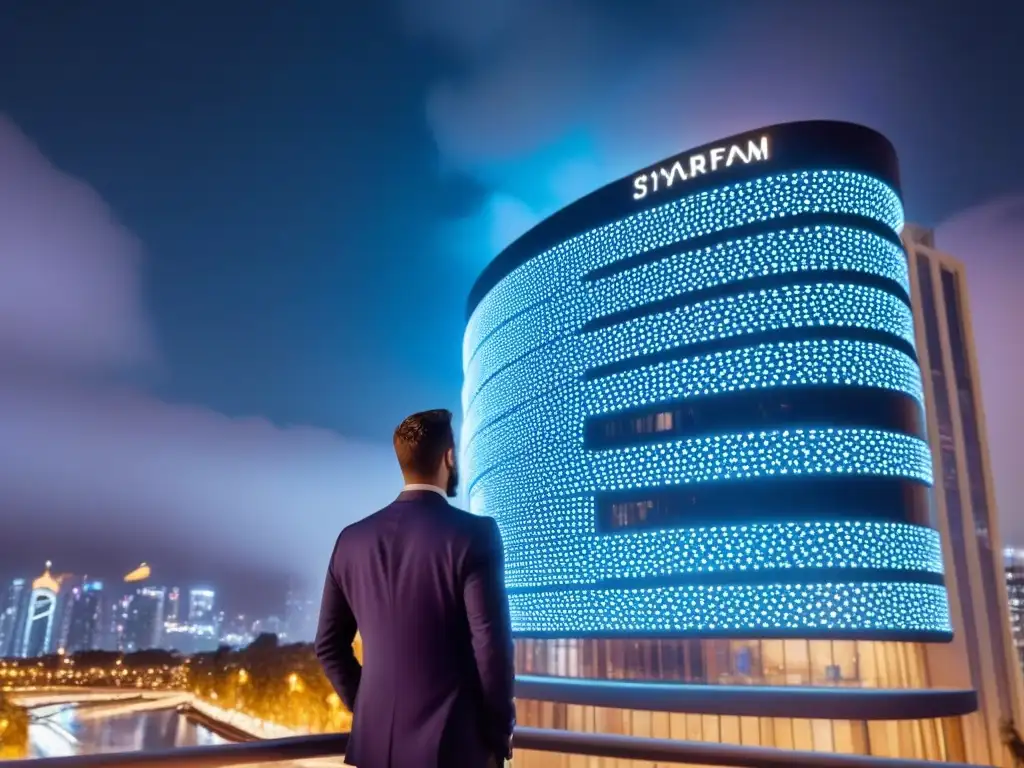 Inversión inmobiliaria futurista: expertos en blockchain y ciberseguridad Un rascacielos de vidrio brillante bajo un cielo estrellado, iluminado por luces de neón