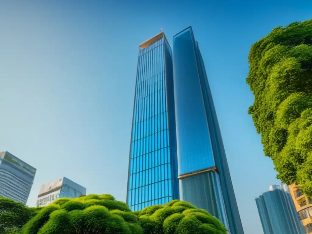 Rascacielos de cristal: resiliencia en el mercado inmobiliario postCOVID Un rascacielos de vidrio brillante rodeado de vegetación y moderna infraestructura urbana, simbolizando el portafolio inmobiliario internacional postCOVID