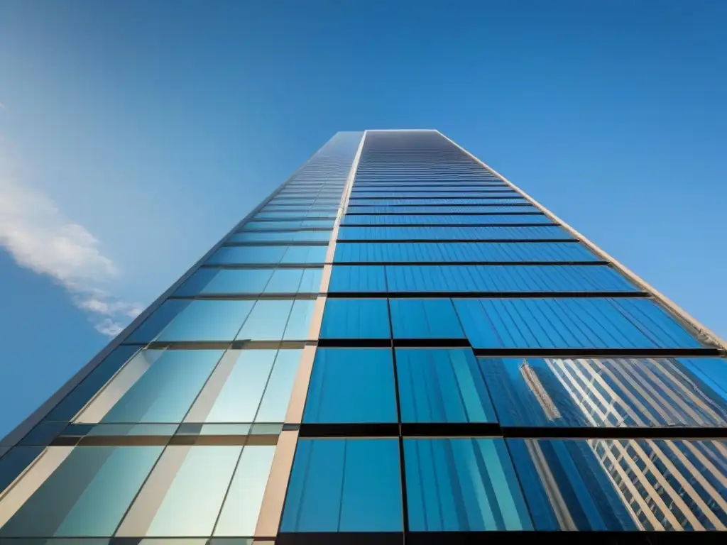 Rascacielos de cristal: símbolo de poder y modernidad en la ciudad Un rascacielos de vidrio refleja la ciudad vibrante, bajo un cielo azul claro