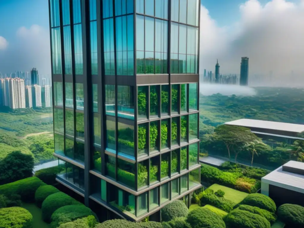 Rascacielos futurista: innovación y modernidad en armonía con la naturaleza Un rascacielos de vidrio futurista rodeado de vegetación exuberante, reflejando la ciudad vibrante abajo