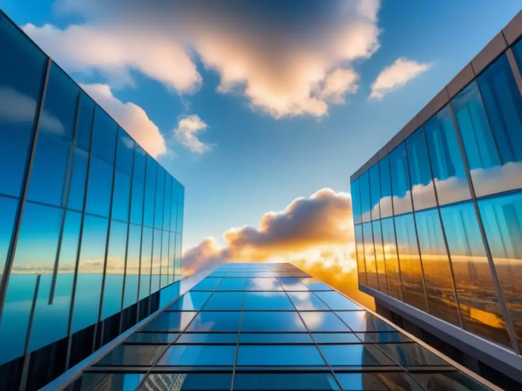 Esplendor urbano: rascacielos de vidrio en atardecer dorado Un rascacielos de vidrio de lujo en la transformación arquitectónica, reflejando el atardecer dorado