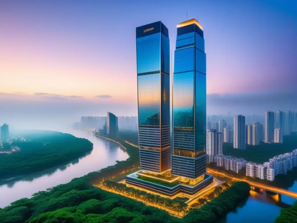 Rascacielos de cristal de lujo en la ciudad al atardecer Rascacielos de vidrio de lujo con diseño futurista, reflejando la ciudad al atardecer, rodeado de vegetación exuberante y un río brillante
