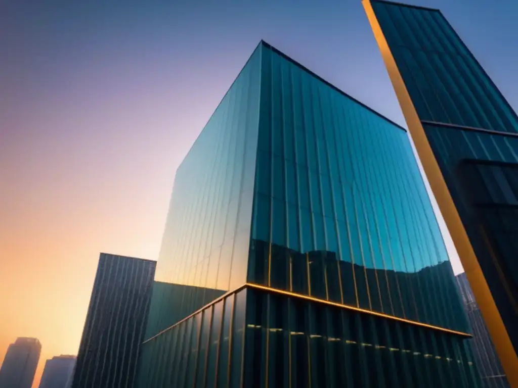 Fascinante rascacielos de vidrio en atardecer vibrante Un rascacielos de vidrio de lujo se alza majestuoso en el atardecer, reflejando la ciudad