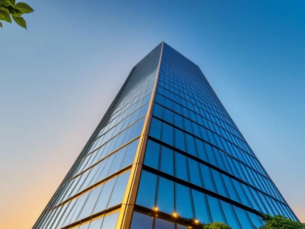 Edificio de cristal en atardecer dorado: lujo y estabilidad global Un rascacielos de vidrio lujoso se destaca contra un cielo azul, bañado por la luz dorada del atardecer