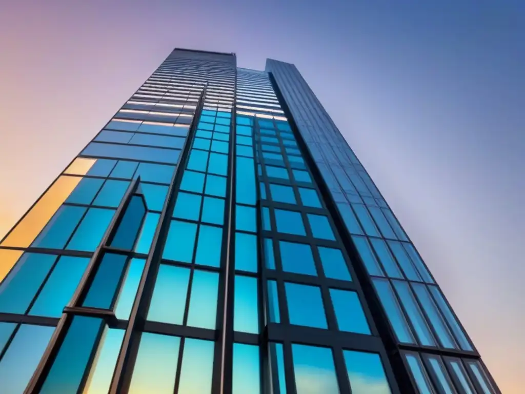 Rascacielos de vidrio: modernidad y elegancia en la ciudad Un rascacielos de vidrio lujoso reflejando la ciudad al atardecer, destacando en el cielo nocturno