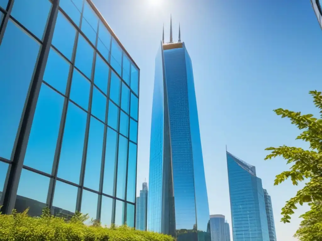 Edificio de lujo: arquitectura moderna en un entorno urbano internacional Un rascacielos de vidrio lujoso rodeado de vegetación y una ciudad bulliciosa, reflejando el mercado inmobiliario internacional