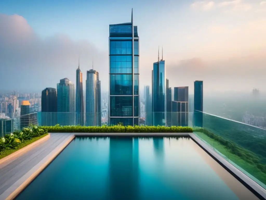 Rascacielos de cristal de lujo con piscina en la azotea Un rascacielos de vidrio moderno y lujoso con terraza y piscina, rodeado de vegetación, refleja el éxito en el mercado inmobiliario internacional