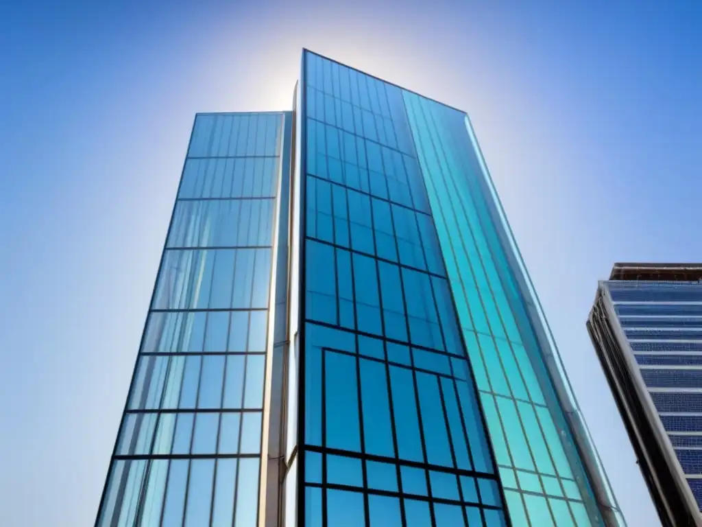 Rascacielos de vidrio ultramoderno: innovación energética Un rascacielos de vidrio ultramoderno con diseño eficiente energéticamente, destacando en el horizonte