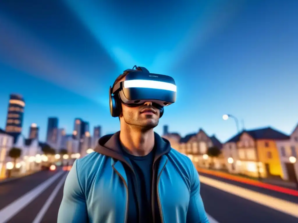 Realidad virtual inmersiva: Propiedades digitales en 8k Realidad Virtual en Bienes Raíces: Una escena tecnológica y futurista con un visor VR y propiedades inmobiliarias digitales