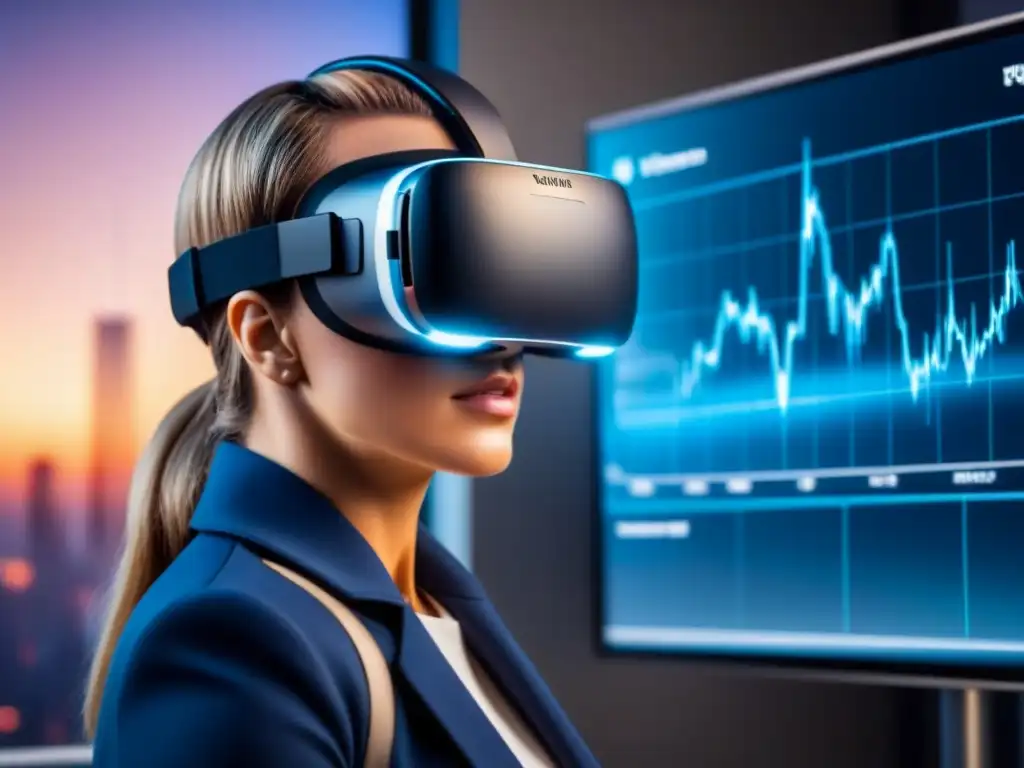 Realidad virtual y finanzas: Fusión futurista en 8k Realidad virtual en Bienes Raíces: Casco VR futurista sobre gráfico financiero sofisticado, fusionando tecnología y finanzas