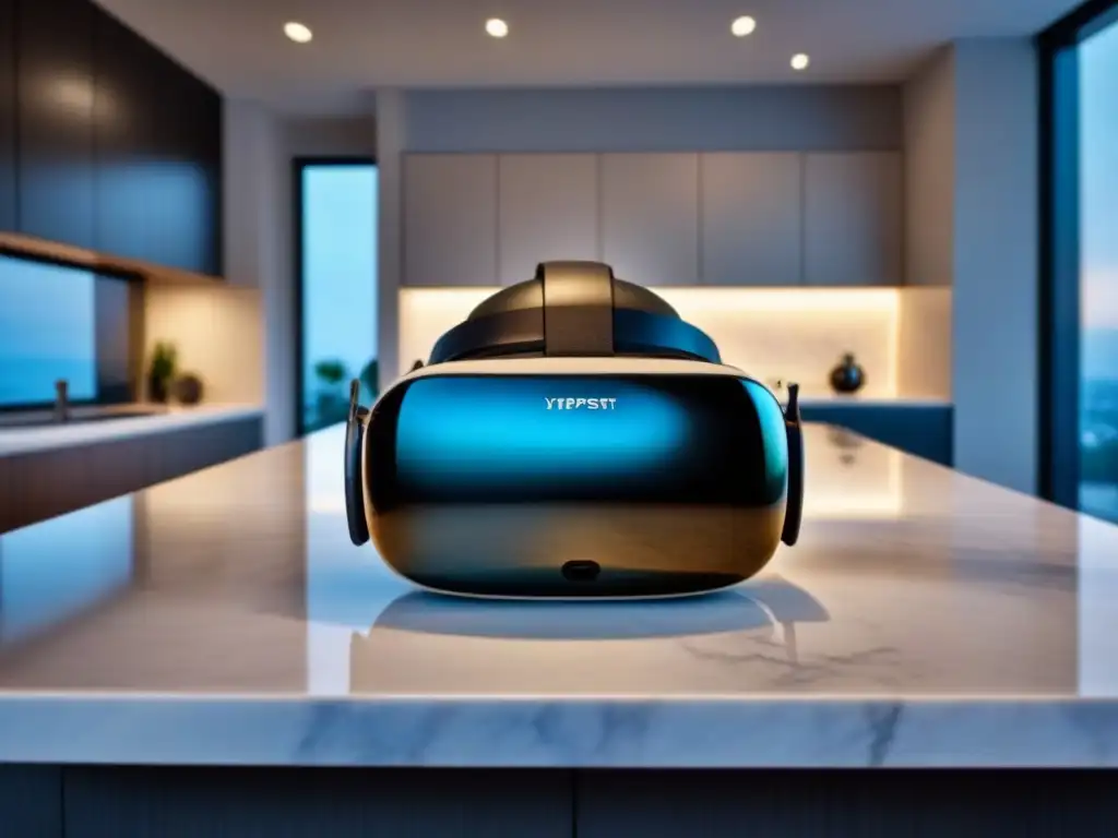 Realidad virtual de lujo: moderno headset en mármol Realidad Virtual en Bienes Raíces: Casco VR de diseño futurista sobre elegante mostrador de mármol, pantalla mostrando tour de propiedad exclusiva
