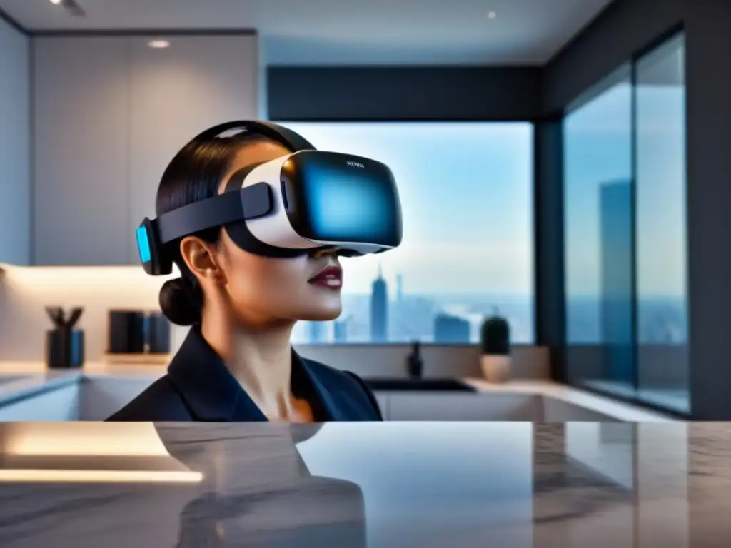 Realidad virtual en inmobiliaria: innovación y lujo Realidad Virtual revoluciona inspecciones de propiedades: headset en elegante entorno futurista