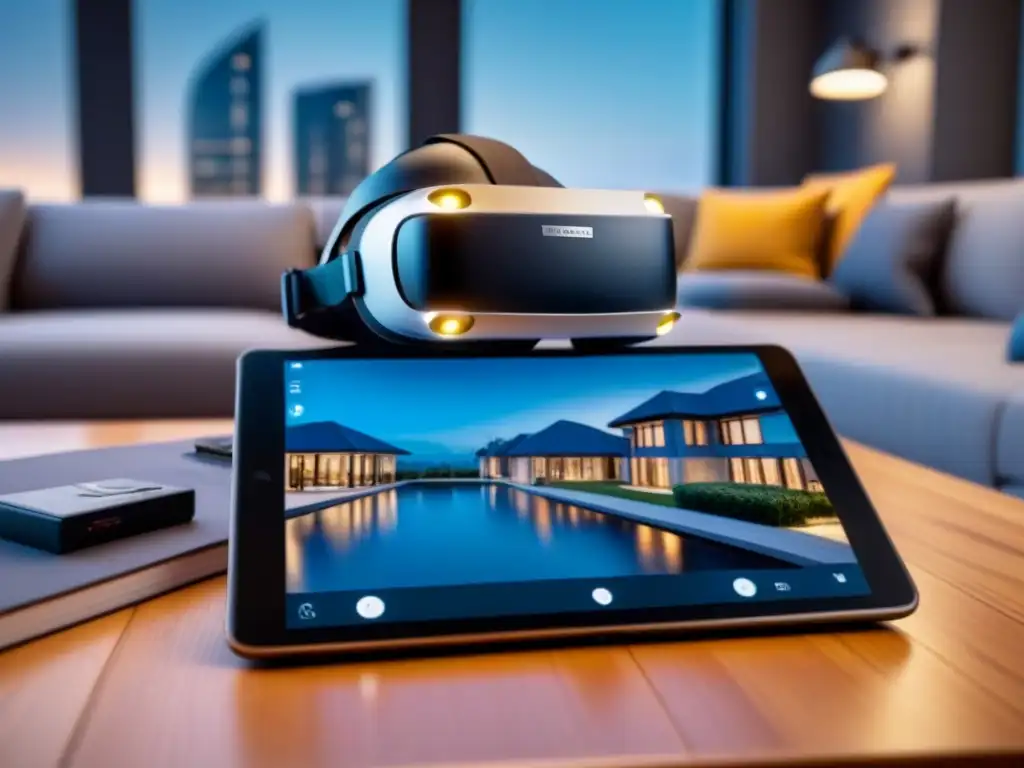 Realidad virtual en inspección de propiedades: tecnología y lujo Realidad Virtual en Inspecciones de Propiedades: VR en mesa con planos, modelo 3D y llaves, fusionando tecnología y bienes raíces