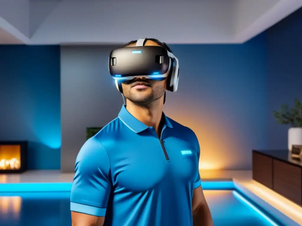 Inmersión total: Realidad virtual en propiedad de lujo Realidad virtual en inversión inmobiliaria: Un headset futurista en un paisaje digital lujoso y moderno