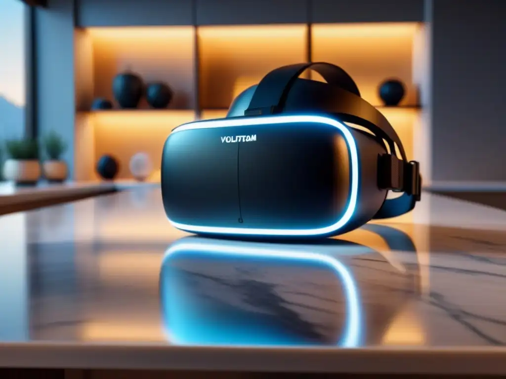 Realidad Virtual de Lujo en Mármol Realidad Virtual en inversiones inmobiliarias: Elegante auricular VR sobre mármol rodeado de modelos arquitectónicos de lujo