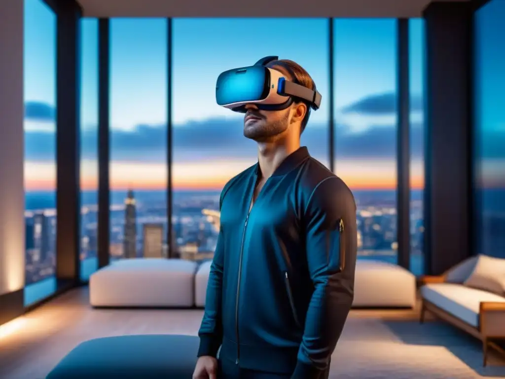 Innovación virtual en lujo inmobiliario Realidad Virtual en inversiones inmobiliarias: headset futurista en lujoso interior moderno