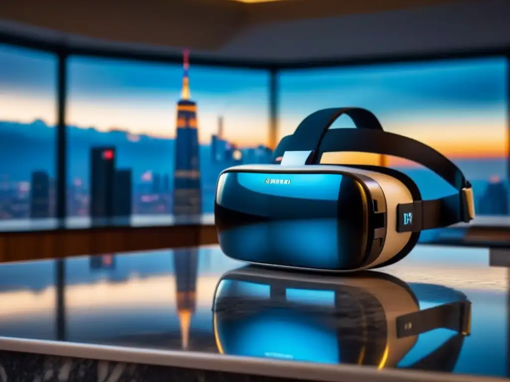 Realidad virtual de lujo: skyline en 8k Realidad Virtual en Inversiones Inmobiliarias: Lujoso visor VR sobre mármol con ciudad en lentes