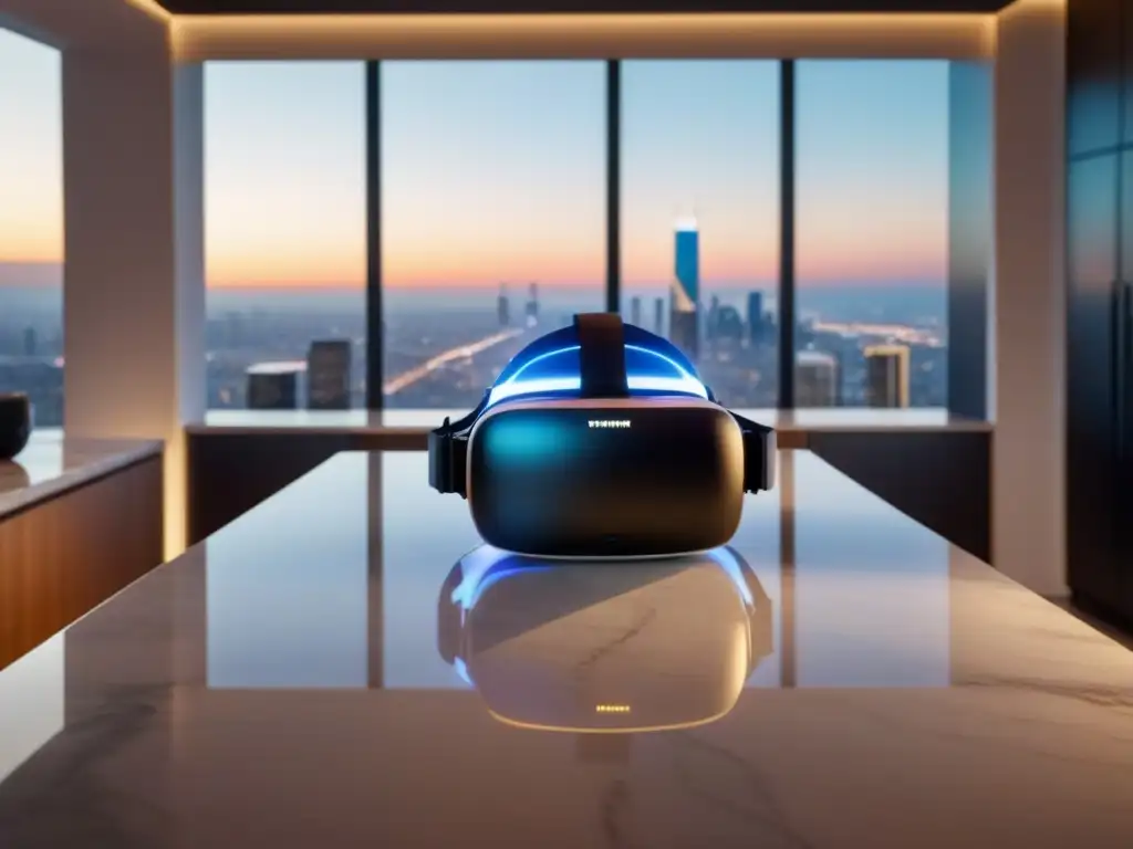 Realidad virtual y lujo inmobiliario: imagen 8k impactante Realidad Virtual para Inversiones Inmobiliarias: Moderno visor VR sobre mármol, junto a maquetas y ciudad futurista en ventana