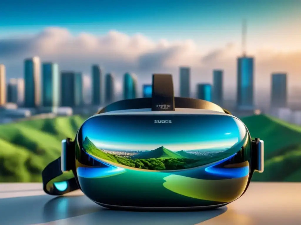 Realidad Virtual en Inversiones Inmobiliarias: Headset Futurista Realidad Virtual en inversiones inmobiliarias: Detalle ultradetallado de un moderno visor VR en paisaje digital futurista azul y verde