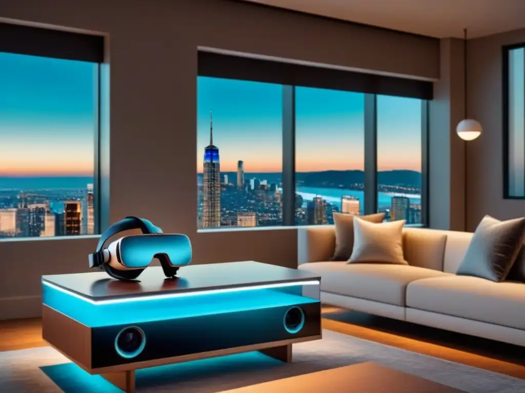 Realidad virtual de lujo en sala de estar moderna Realidad virtual para inversionistas inmobiliarios: Auriculares VR en sala de lujo futurista