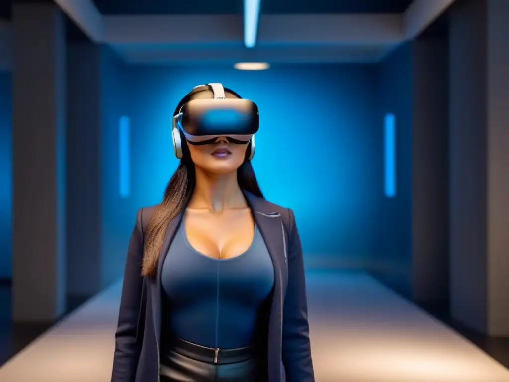 Headset de Realidad Virtual con Planos Inmobiliarios Digitales Realidad virtual para inversionistas inmobiliarios: moderno auricular VR con planos digitales detallados iluminados en azul