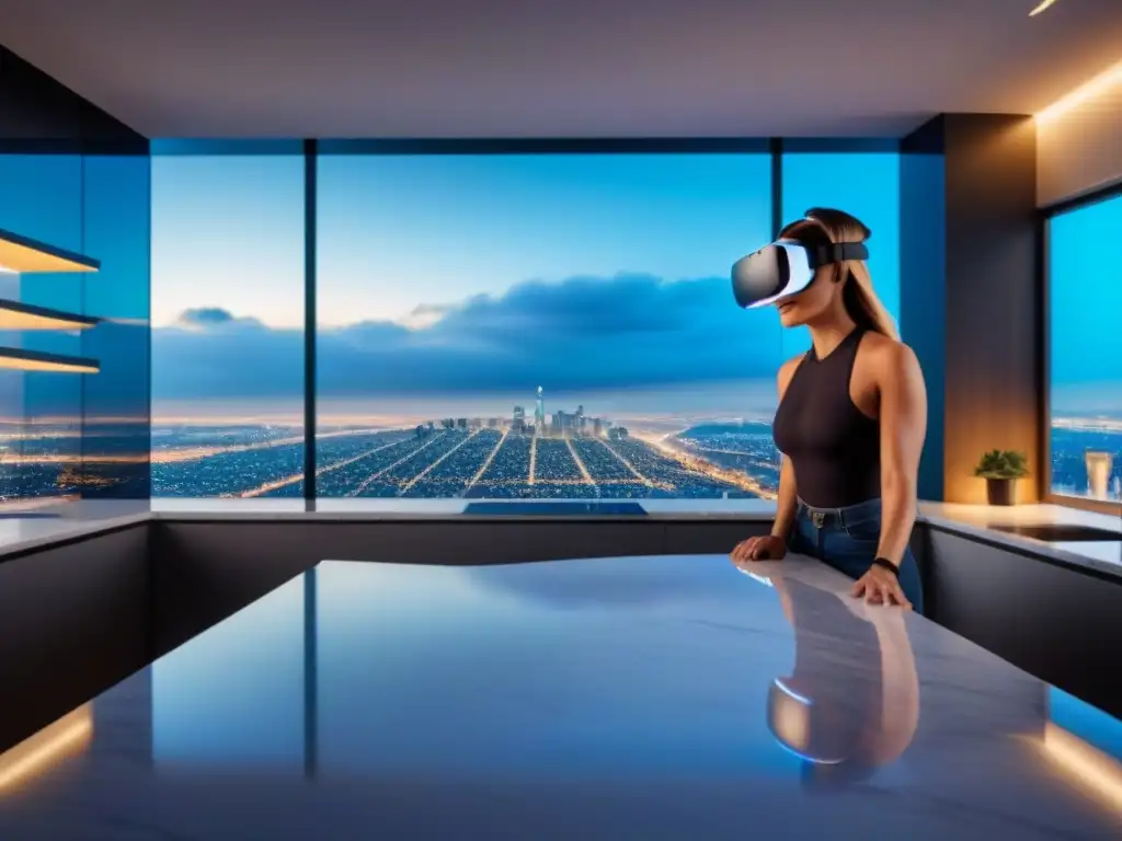 Realidad virtual de lujo: visor 8k muestra sala futurista Realidad virtual de lujo en una moderna habitación futurista