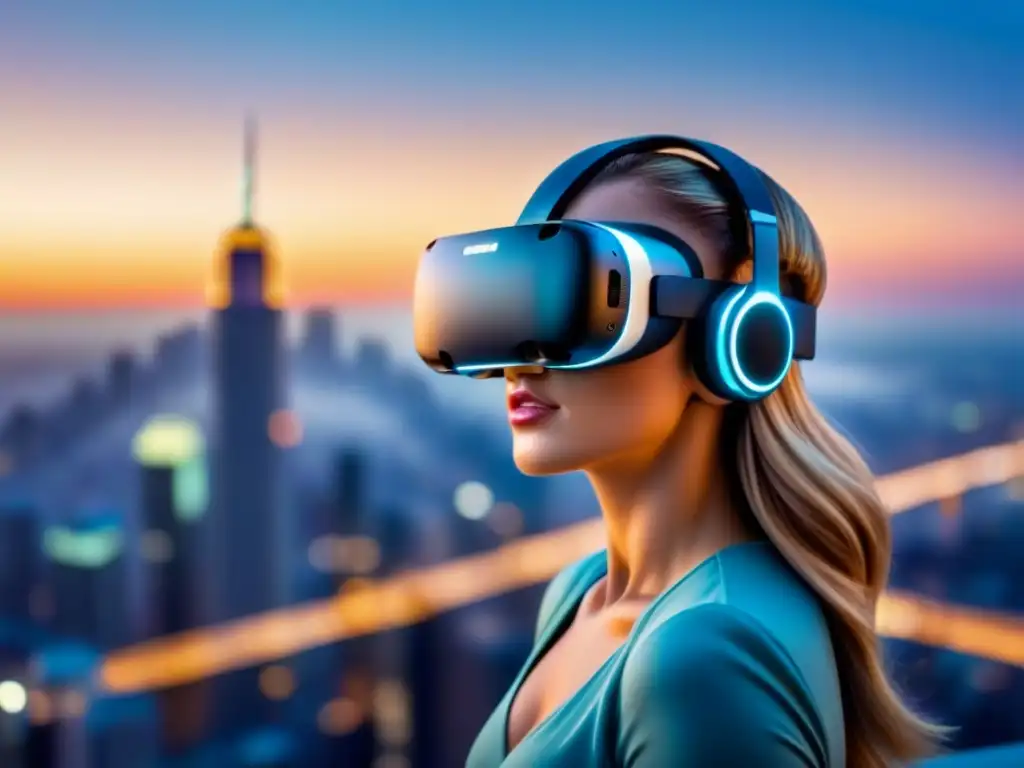 Visión futurista: auriculares de realidad virtual en ciudad vibrante Realidad virtual mercado inmobiliario: Cascada de luces en auriculares futuristas sobre ciudad reflejada en lentes