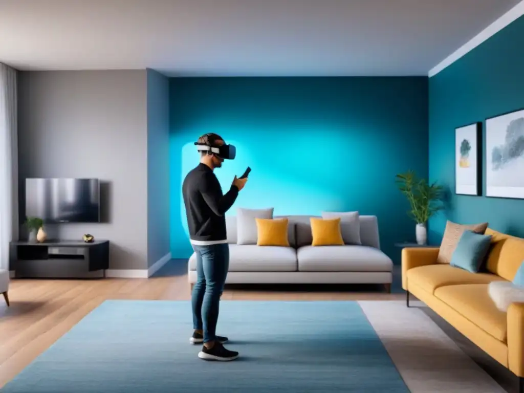 Realidad virtual en el mercado inmobiliario: Agente inmobiliario usando auriculares VR en lujoso apartamento virtual