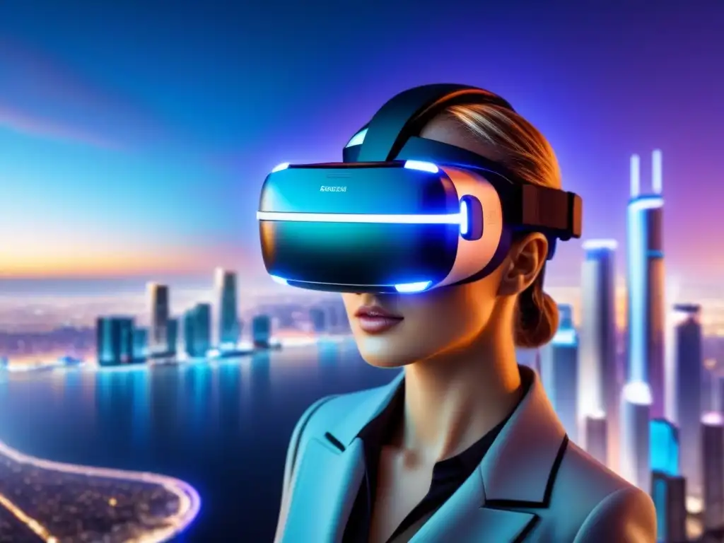 Visión futurista: casco de realidad virtual en ciudad tecnológica Realidad virtual mercado inmobiliario: Cascada de tecnología futurista en la ciudad al anochecer