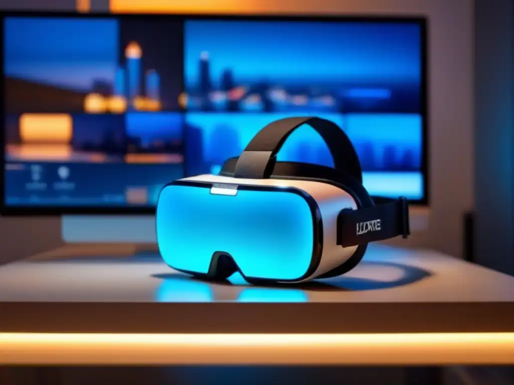 Innovación inmobiliaria: Realidad Virtual y diseño futurista Realidad Virtual Sector Inmobiliario: Headset moderno sobre escritorio futurista con planos y diseños innovadores, iluminado en azul