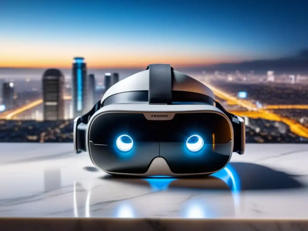 Realidad virtual de lujo en ciudad futurista Realidad virtual en el sector inmobiliario: moderno visor VR sobre mármol con ciudad futurista reflejada en sus lentes, elegante y sofisticado