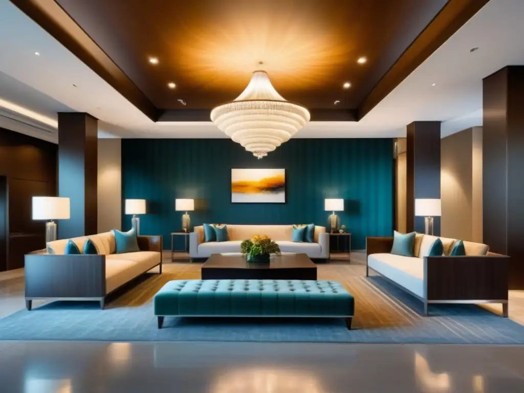 Recepción de lujo en resort de tiempo compartido: elegancia y sofisticación Recepción lujosa en resort de tiempo compartido con sofisticados detalles y cálida iluminación