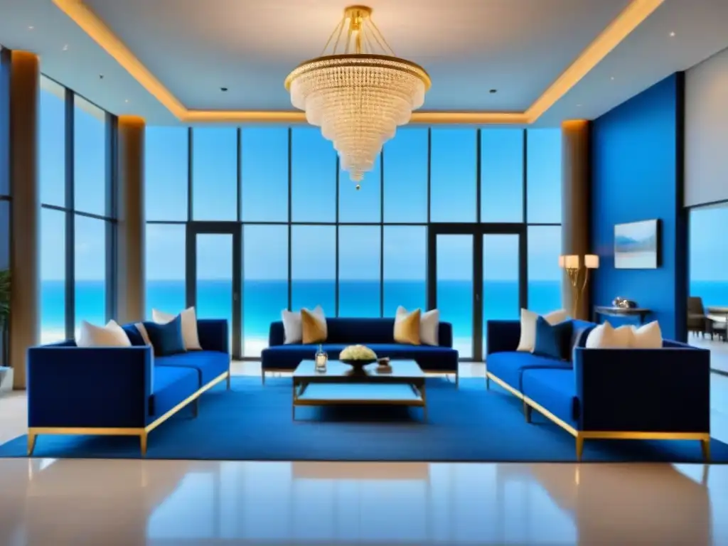 Recepción de lujo en resort con vista al mar Recepción lujosa de resort de tiempo compartido con vista al mar, tonos neutros y toques de azul y oro