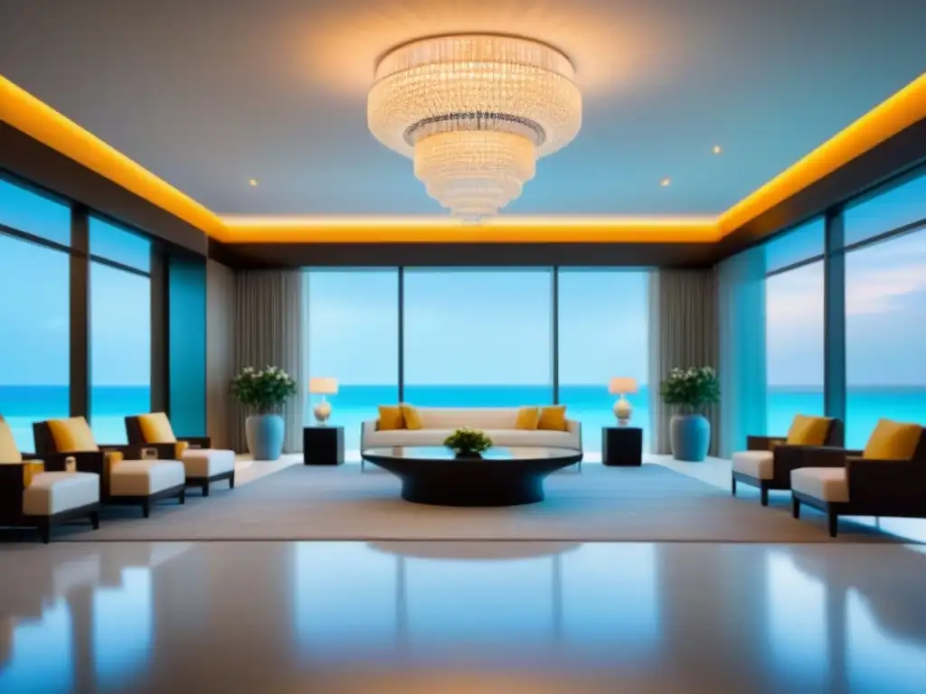 Recepción de resort de lujo con vistas a la playa Recepción de resort moderno con vistas a la playa, clientes y personal interactuando