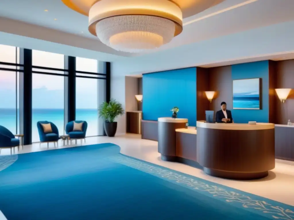 Recepción de lujo en resort: sofisticación y relax frente al mar Recepcionista sonriente ayuda a pareja en lujoso lobby de resort de tiempo compartido