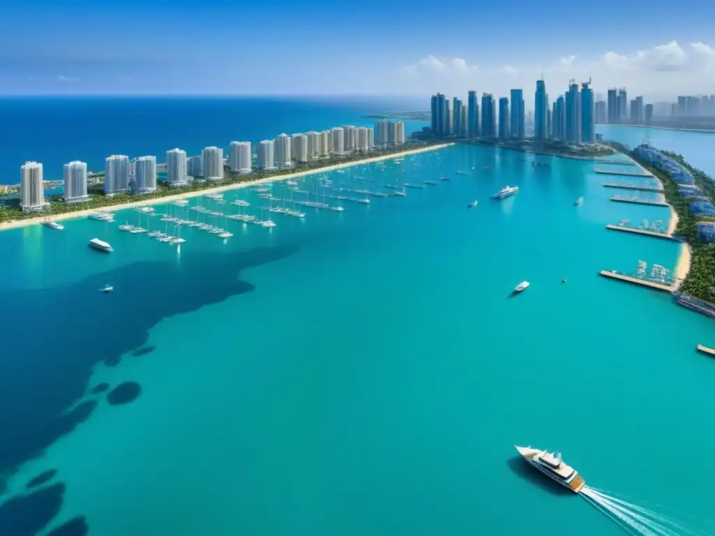 Metrópolis costera: lujo y modernidad en un paraíso turquesa Recuperación inmobiliaria turismo tecnología en una ciudad costera vibrante con rascacielos modernos y playas de arena