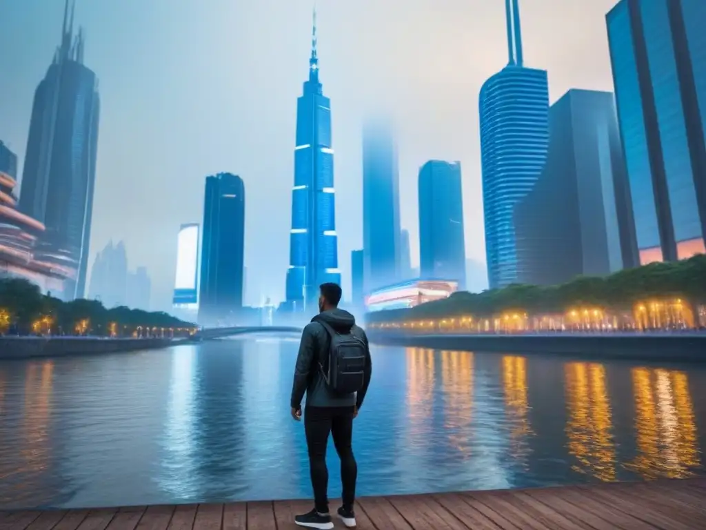 Metrópolis futurista: rascacielos iluminados y río sereno al anochecer Recuperación inmobiliaria turismo tecnología: Ciudad futurista iluminada por la noche, reflejada en un río tranquilo