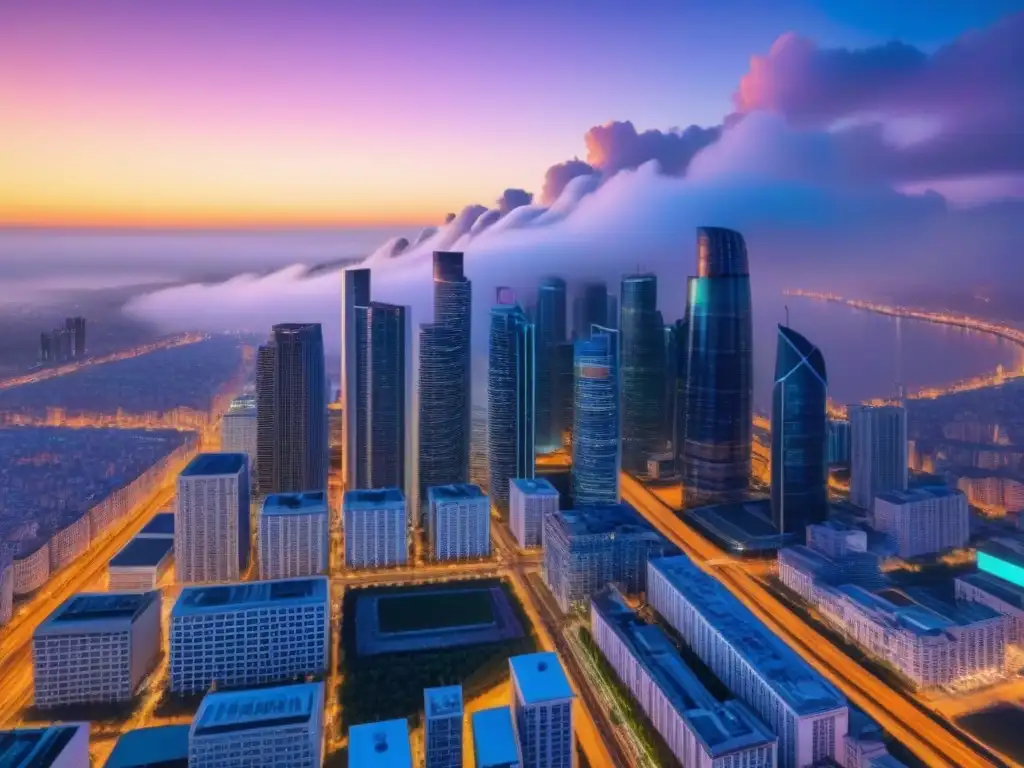 Horizonte urbano futurista: luces y arquitectura innovadora al anochecer Recuperación inmobiliaria turismo tecnología: Ciudad futurista iluminada con luces vibrantes al anochecer