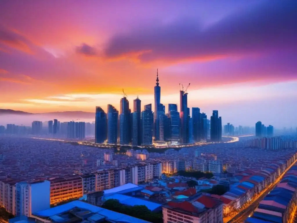 Horizonte urbano en Sudeste Asiático al atardecer Recuperación del mercado inmobiliario en el Sudeste Asiático: modernos rascacielos reflejan la vibrante puesta de sol sobre una bulliciosa ciudad