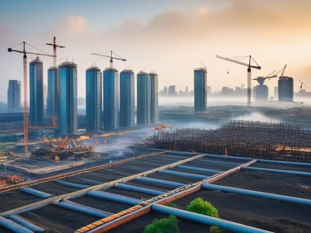 Resiliencia urbana: Reconstrucción postdesastre Recuperación de propiedades postdesastre: Ciudad moderna en reconstrucción, con grúas, andamios y nuevas estructuras emergiendo